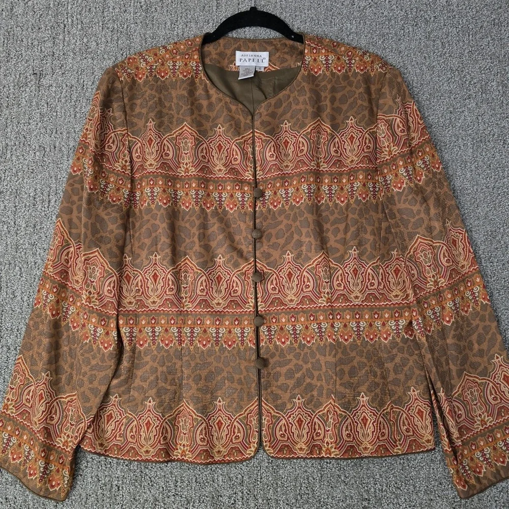 VTG 90s Adrianna Papell 100% Silk Printed Blazer Boho Statement Coat 16‎
